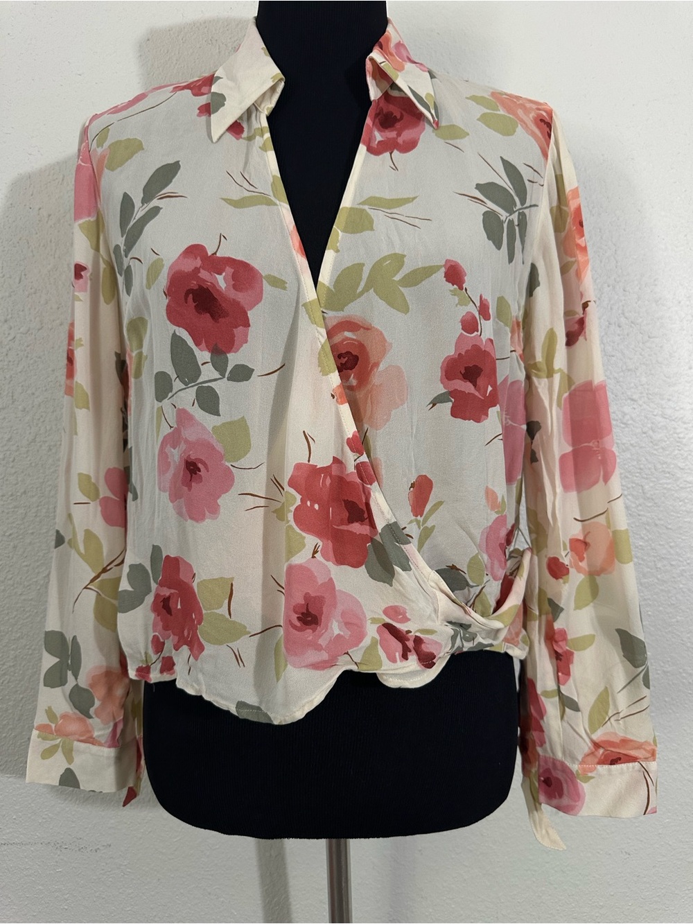 Ann Taylor Cream Wrap Blouse with Pink Floral Print
